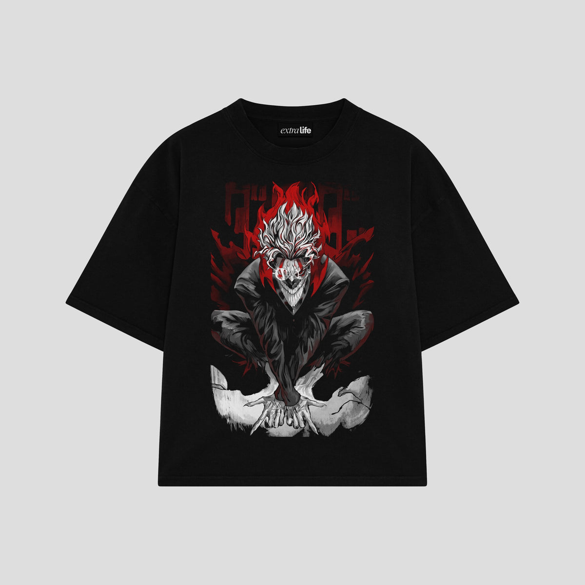 Playera streetwear premium de anime y gaming ExtraLife MX, corte oversized drop shoulder ligero y fresco en color Deep Black y Off-White, moda urbana mexicana de culto.