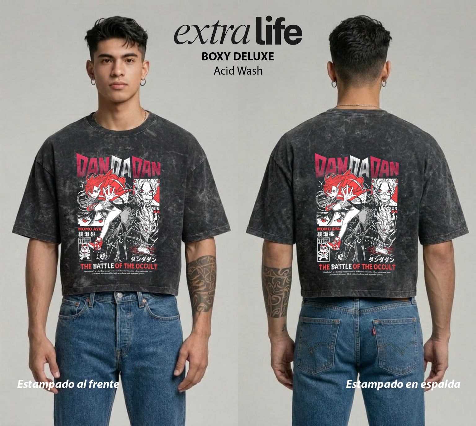 Playera streetwear premium de anime y gaming ExtraLife MX, corte boxy deluxe mineral wash heavyweight en color Acid Wash, moda urbana mexicana de culto.