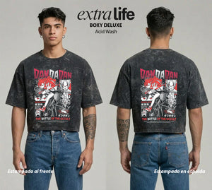 Playera streetwear premium de anime y gaming ExtraLife MX, corte boxy deluxe mineral wash heavyweight en color Acid Wash, moda urbana mexicana de culto.
