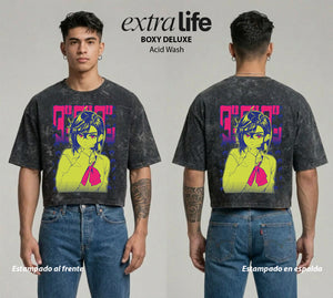 Playera streetwear premium de anime y gaming ExtraLife MX, corte boxy deluxe mineral wash heavyweight en color Acid Wash, moda urbana mexicana de culto.