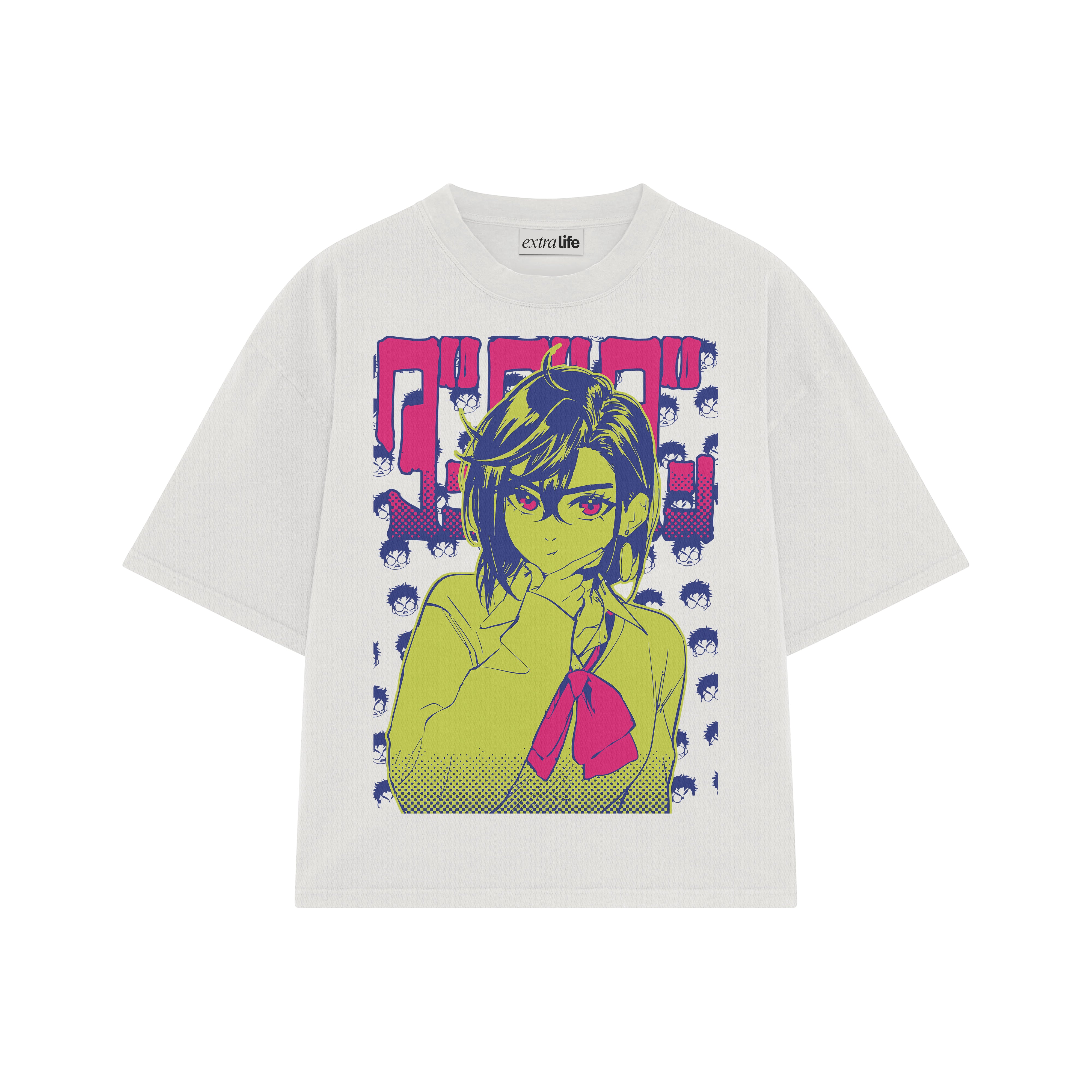 Playera streetwear premium de anime y gaming ExtraLife MX, corte boxy oversized drop shoulder heavyweight en color Deep Black y Off-White, moda urbana mexicana de culto.