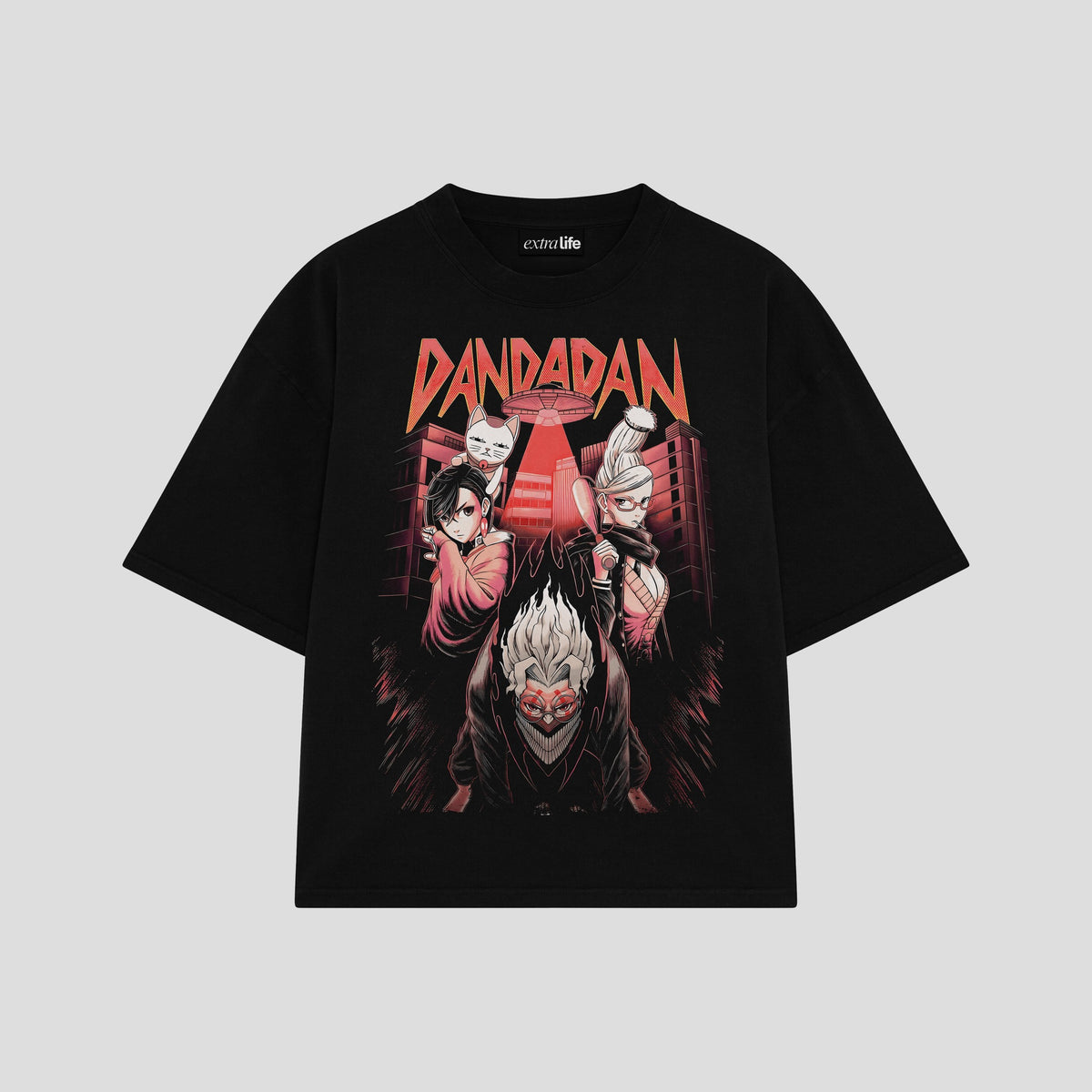 Playera streetwear premium de anime y gaming ExtraLife MX, corte oversized drop shoulder ligero y fresco en color Deep Black y Off-White, moda urbana mexicana de culto.