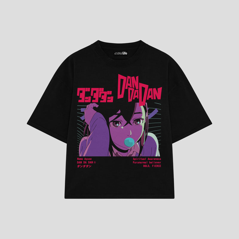 Playera streetwear premium de anime y gaming ExtraLife MX, corte boxy oversized drop shoulder heavyweight en color Deep Black y Off-White, moda urbana mexicana de culto.