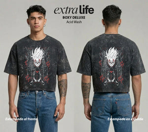 Playera streetwear premium de anime y gaming ExtraLife MX, corte boxy deluxe mineral wash heavyweight en color Acid Wash, moda urbana mexicana de culto.