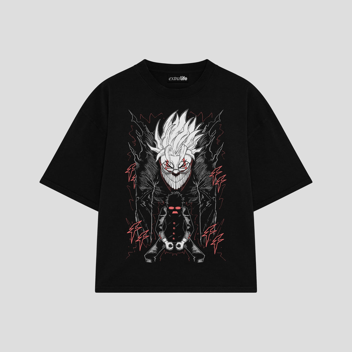Playera streetwear premium de anime y gaming ExtraLife MX, corte oversized drop shoulder ligero y fresco en color Deep Black y Off-White, moda urbana mexicana de culto.
