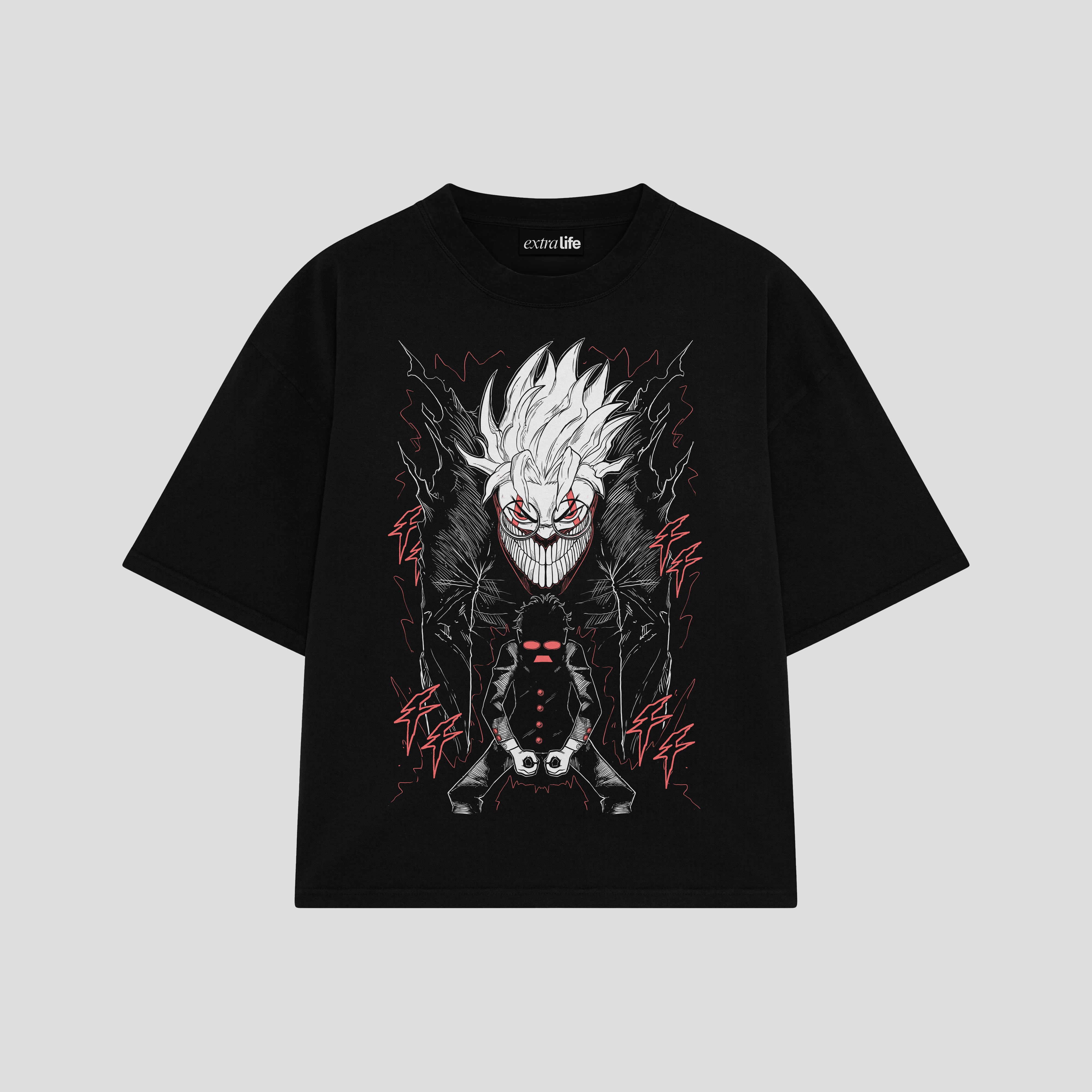 Playera streetwear premium de anime y gaming ExtraLife MX, corte boxy oversized drop shoulder heavyweight en color Deep Black y Off-White, moda urbana mexicana de culto.