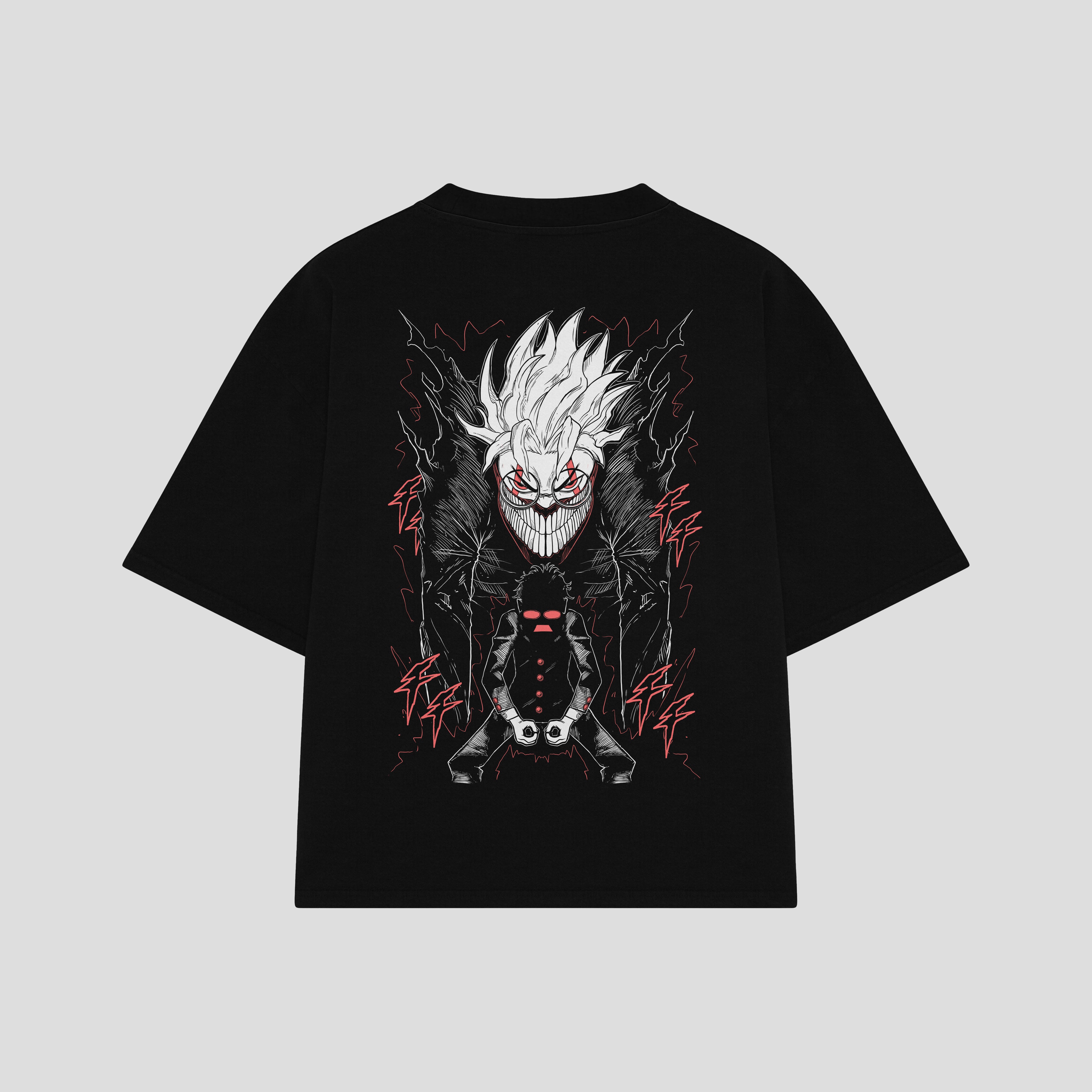 Playera streetwear premium de anime y gaming ExtraLife MX, corte boxy oversized drop shoulder heavyweight en color Deep Black y Off-White, moda urbana mexicana de culto.