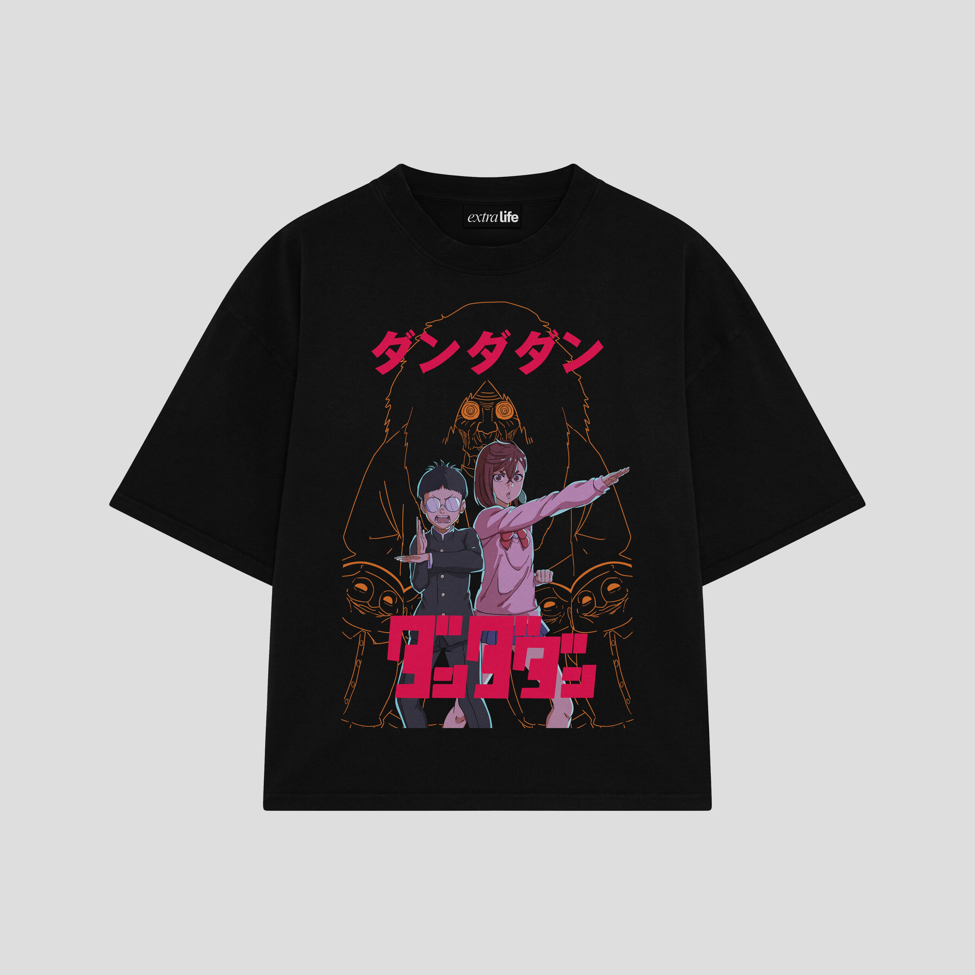 Playera streetwear premium de anime y gaming ExtraLife MX, corte boxy oversized drop shoulder heavyweight en color Deep Black y Off-White, moda urbana mexicana de culto.
