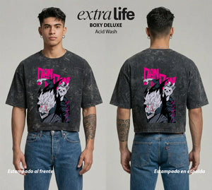 Playera streetwear premium de anime y gaming ExtraLife MX, corte boxy deluxe mineral wash heavyweight en color Acid Wash, moda urbana mexicana de culto.