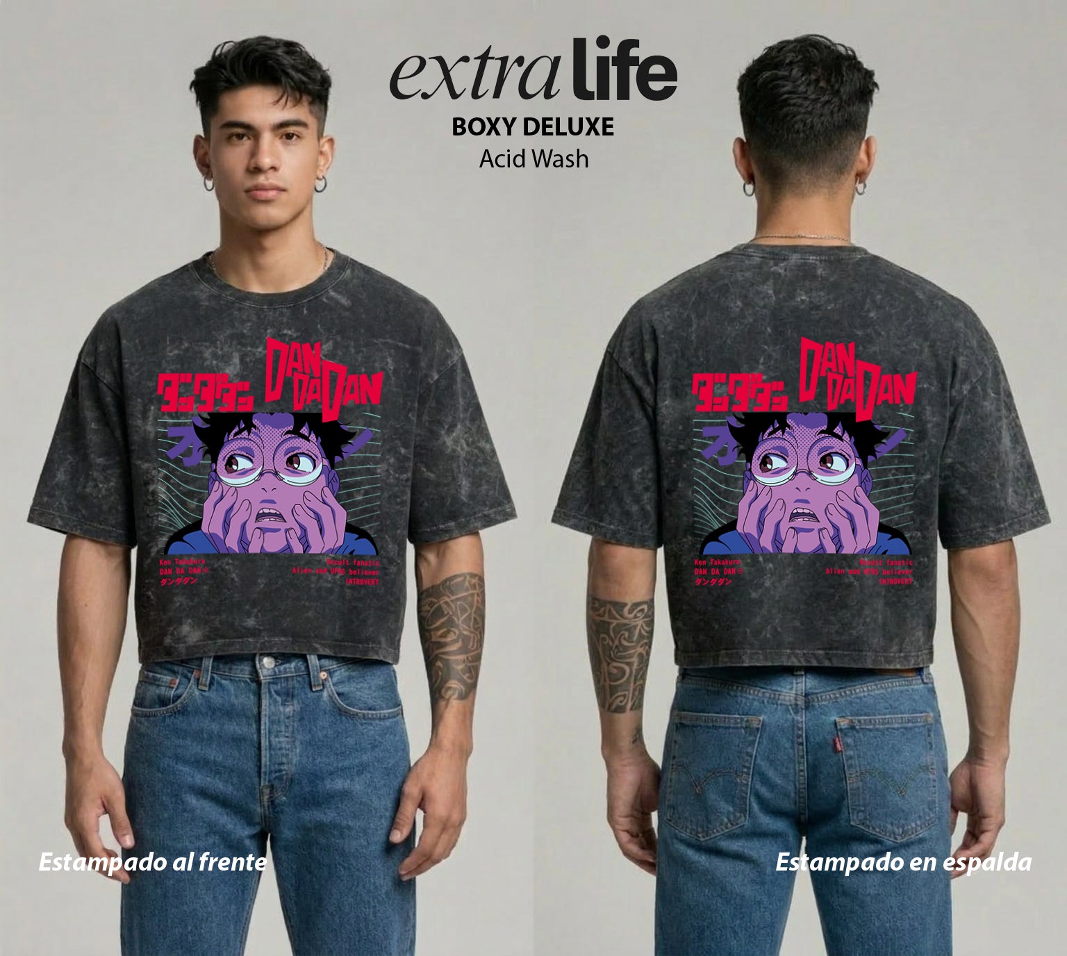 Playera streetwear premium de anime y gaming ExtraLife MX, corte boxy deluxe mineral wash heavyweight en color Acid Wash, moda urbana mexicana de culto.