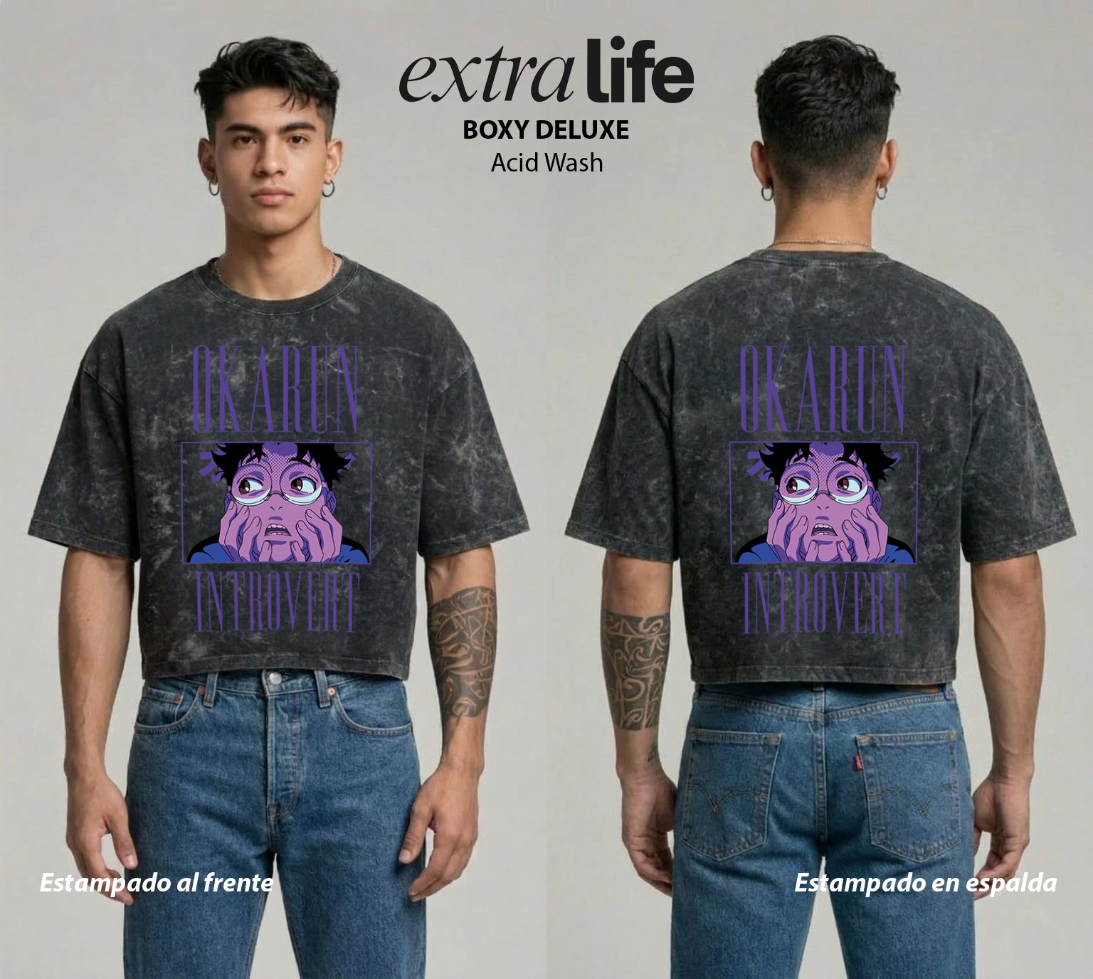 Playera streetwear premium de anime y gaming ExtraLife MX, corte boxy deluxe mineral wash heavyweight en color Acid Wash, moda urbana mexicana de culto.