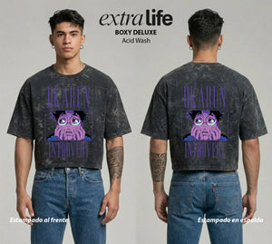 Playera streetwear premium de anime y gaming ExtraLife MX, corte boxy deluxe mineral wash heavyweight en color Acid Wash, moda urbana mexicana de culto.