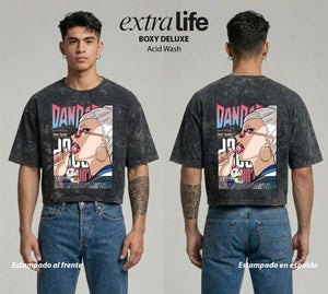 Playera streetwear premium de anime y gaming ExtraLife MX, corte boxy deluxe mineral wash heavyweight en color Acid Wash, moda urbana mexicana de culto.