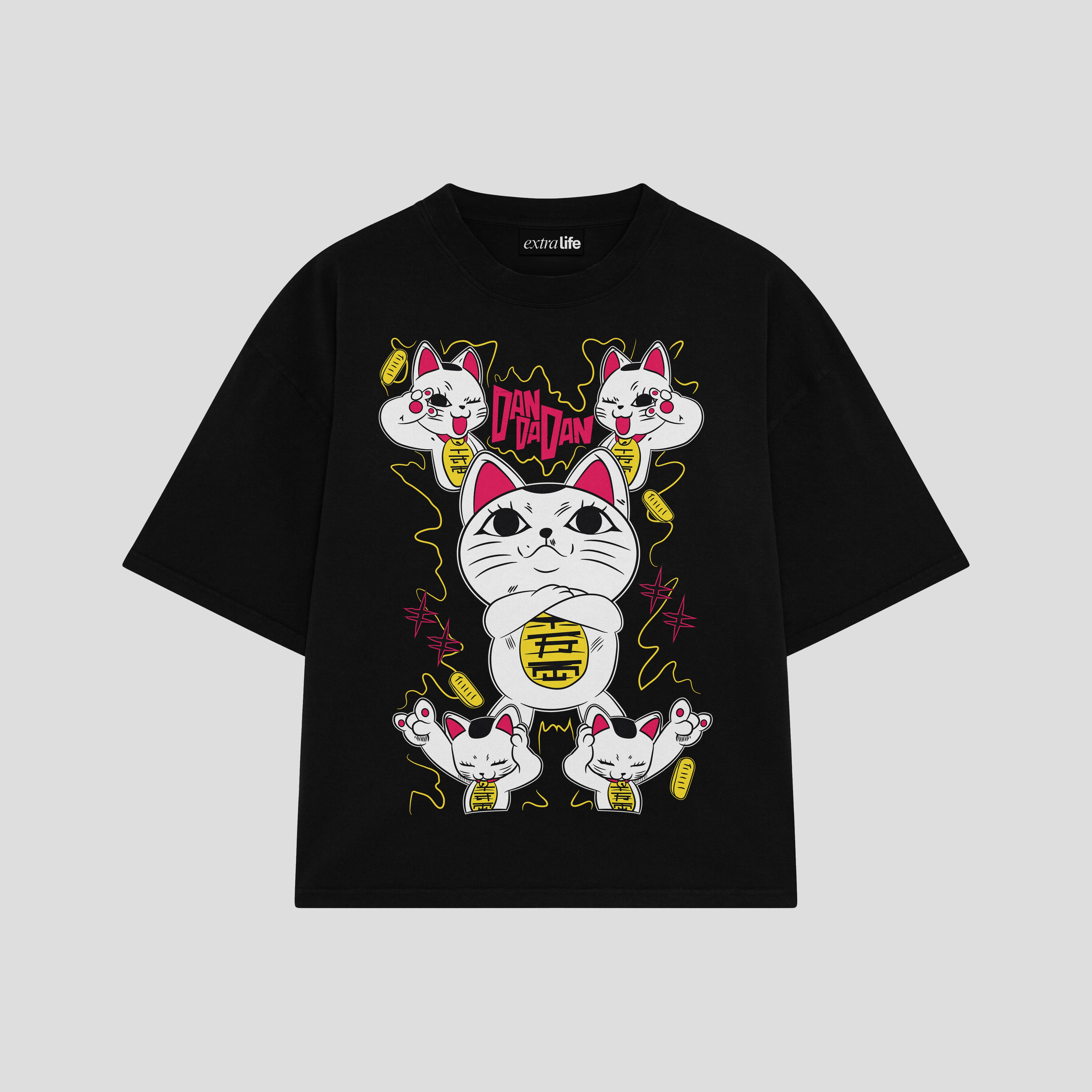 Playera streetwear premium de anime y gaming ExtraLife MX, corte boxy oversized drop shoulder heavyweight en color Deep Black y Off-White, moda urbana mexicana de culto.
