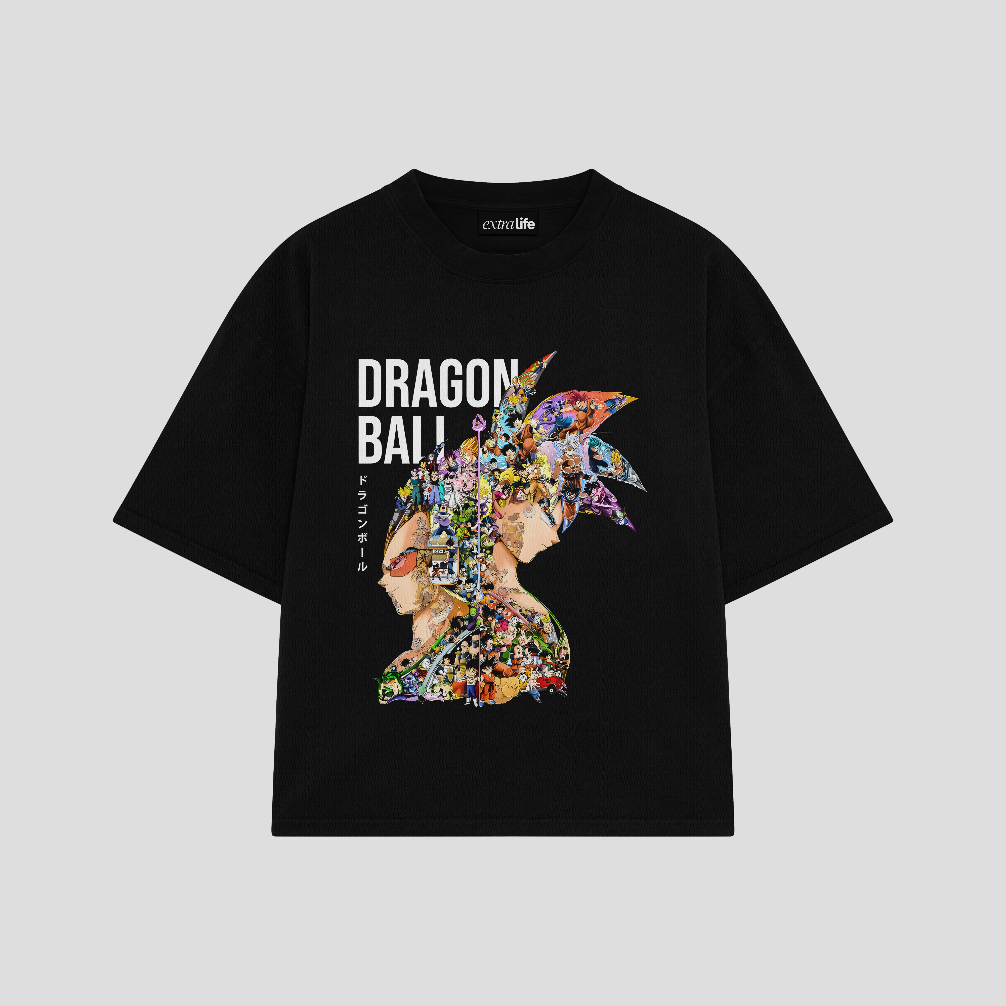Playera streetwear premium de anime y gaming ExtraLife MX, corte boxy oversized drop shoulder heavyweight en color Deep Black y Off-White, moda urbana mexicana de culto.