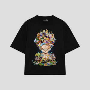 Playera streetwear premium de anime y gaming ExtraLife MX, corte boxy oversized drop shoulder heavyweight en color Deep Black y Off-White, moda urbana mexicana de culto.