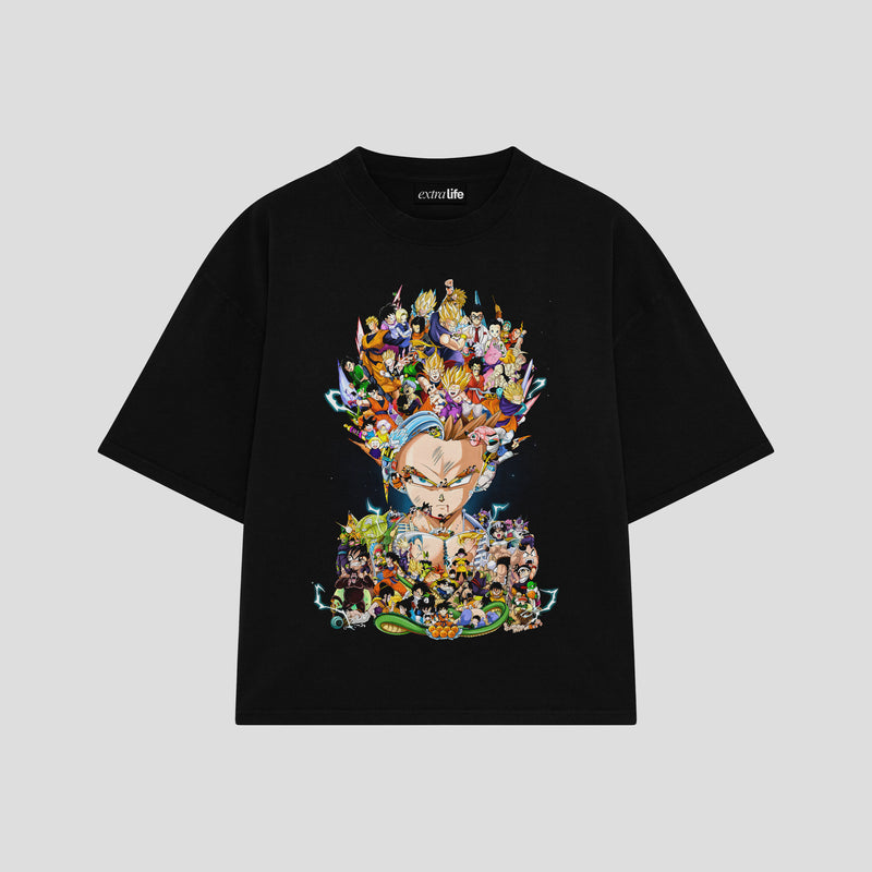 Playera streetwear premium de anime y gaming ExtraLife MX, corte boxy oversized drop shoulder heavyweight en color Deep Black y Off-White, moda urbana mexicana de culto.