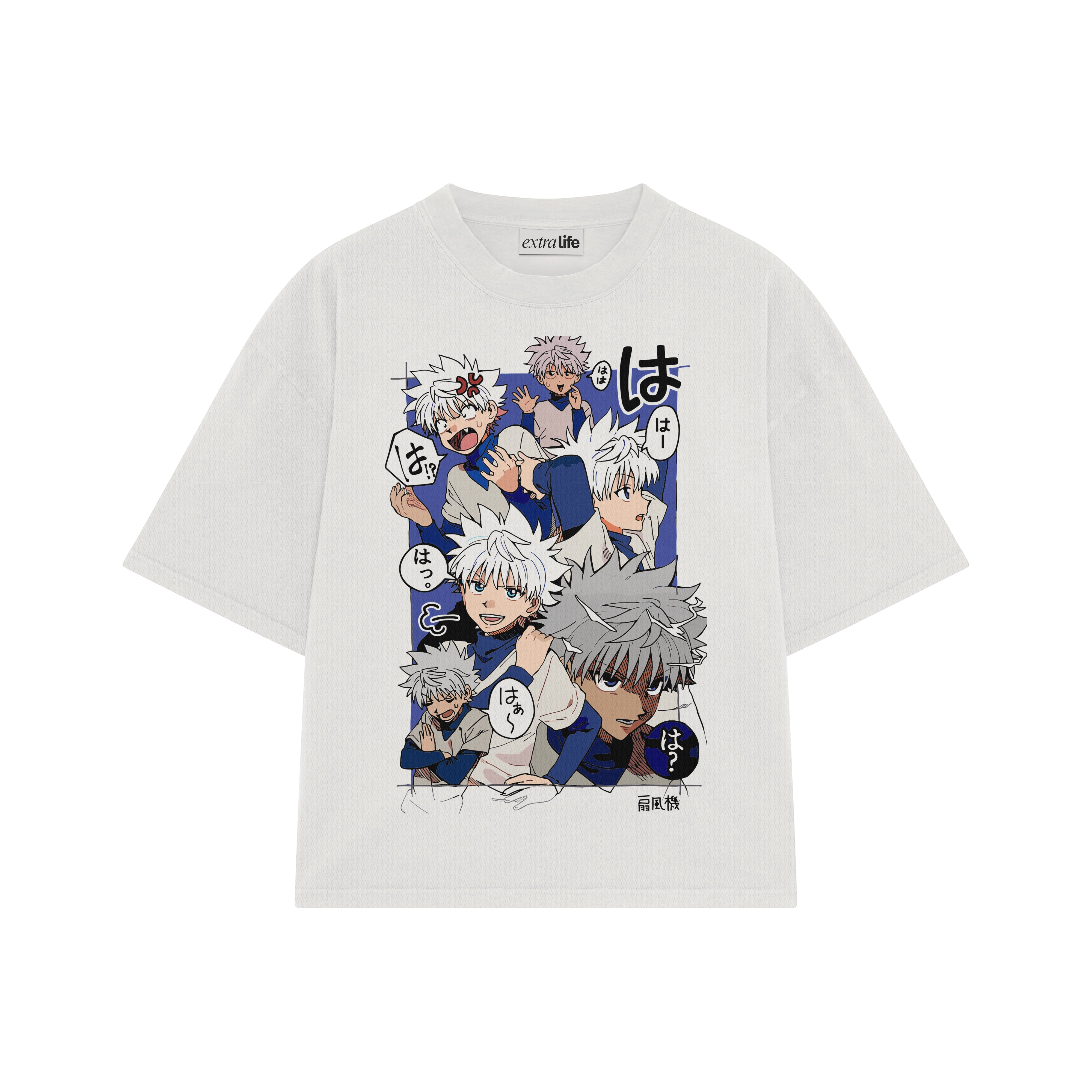 Playera streetwear premium de anime y gaming ExtraLife MX, corte boxy oversized drop shoulder heavyweight en color Deep Black y Off-White, moda urbana mexicana de culto.
