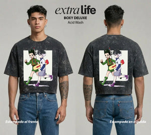 Playera streetwear premium de anime y gaming ExtraLife MX, corte boxy deluxe mineral wash heavyweight en color Acid Wash, moda urbana mexicana de culto.