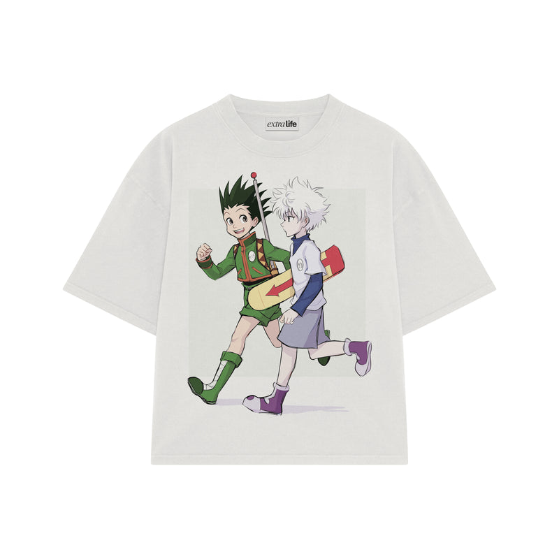 Playera streetwear premium de anime y gaming ExtraLife MX, corte boxy oversized drop shoulder heavyweight en color Deep Black y Off-White, moda urbana mexicana de culto.