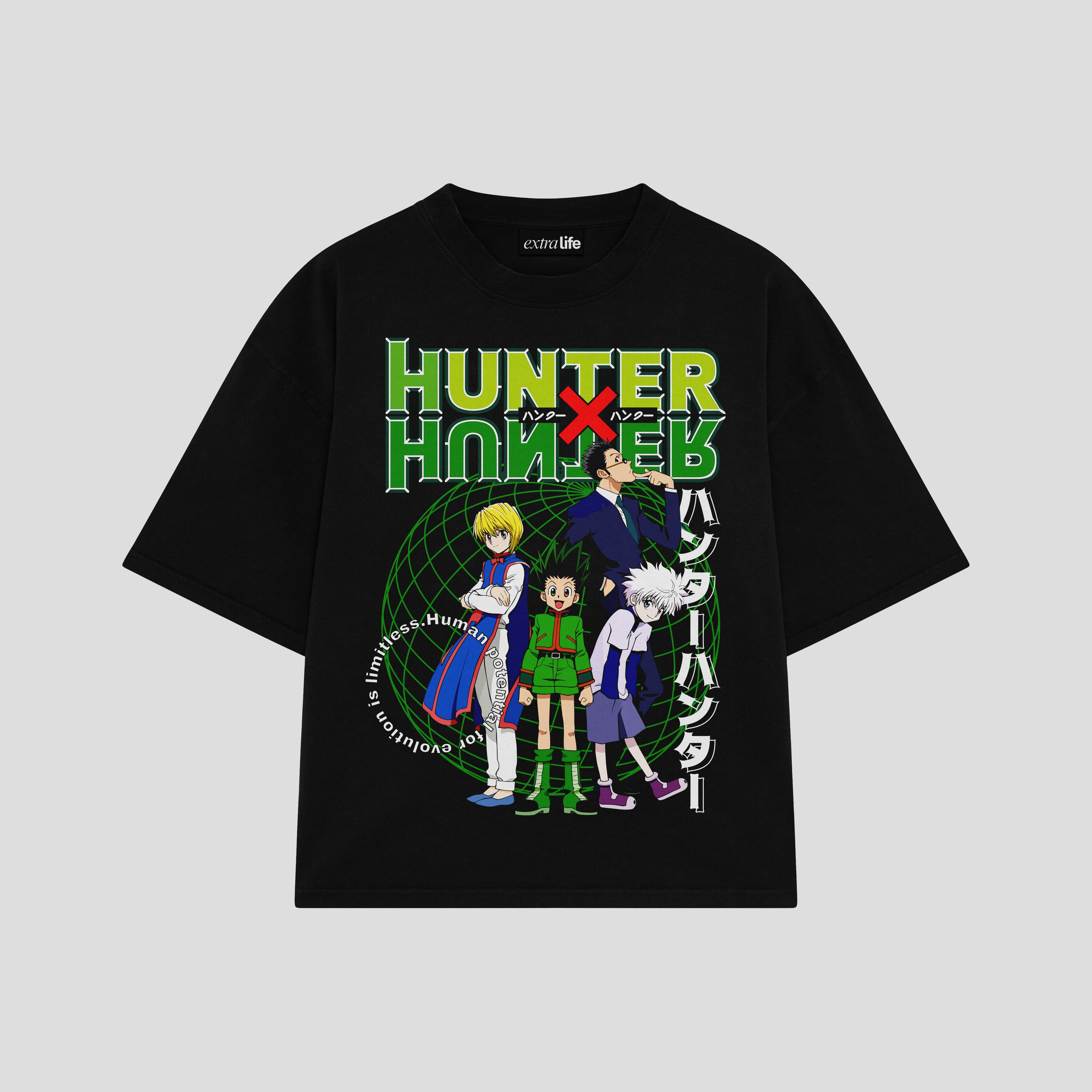 Playera streetwear premium de anime y gaming ExtraLife MX, corte boxy oversized drop shoulder heavyweight en color Deep Black y Off-White, moda urbana mexicana de culto.