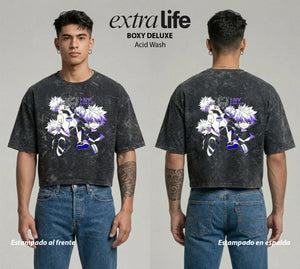 Playera streetwear premium de anime y gaming ExtraLife MX, corte boxy deluxe mineral wash heavyweight en color Acid Wash, moda urbana mexicana de culto.