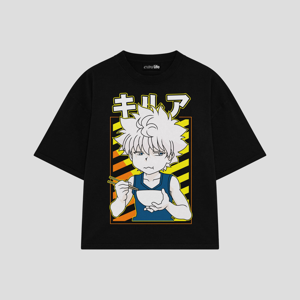Playera streetwear premium de anime y gaming ExtraLife MX, corte oversized drop shoulder ligero y fresco en color Deep Black y Off-White, moda urbana mexicana de culto.