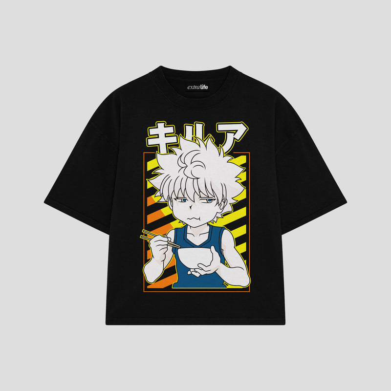 Playera streetwear premium de anime y gaming ExtraLife MX, corte boxy oversized drop shoulder heavyweight en color Deep Black y Off-White, moda urbana mexicana de culto.