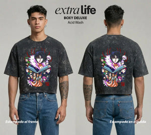 Playera streetwear premium de anime y gaming ExtraLife MX, corte boxy deluxe mineral wash heavyweight en color Acid Wash, moda urbana mexicana de culto.