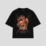 Playera streetwear premium de anime y gaming ExtraLife MX, corte boxy oversized drop shoulder heavyweight en color Deep Black y Off-White, moda urbana mexicana de culto.