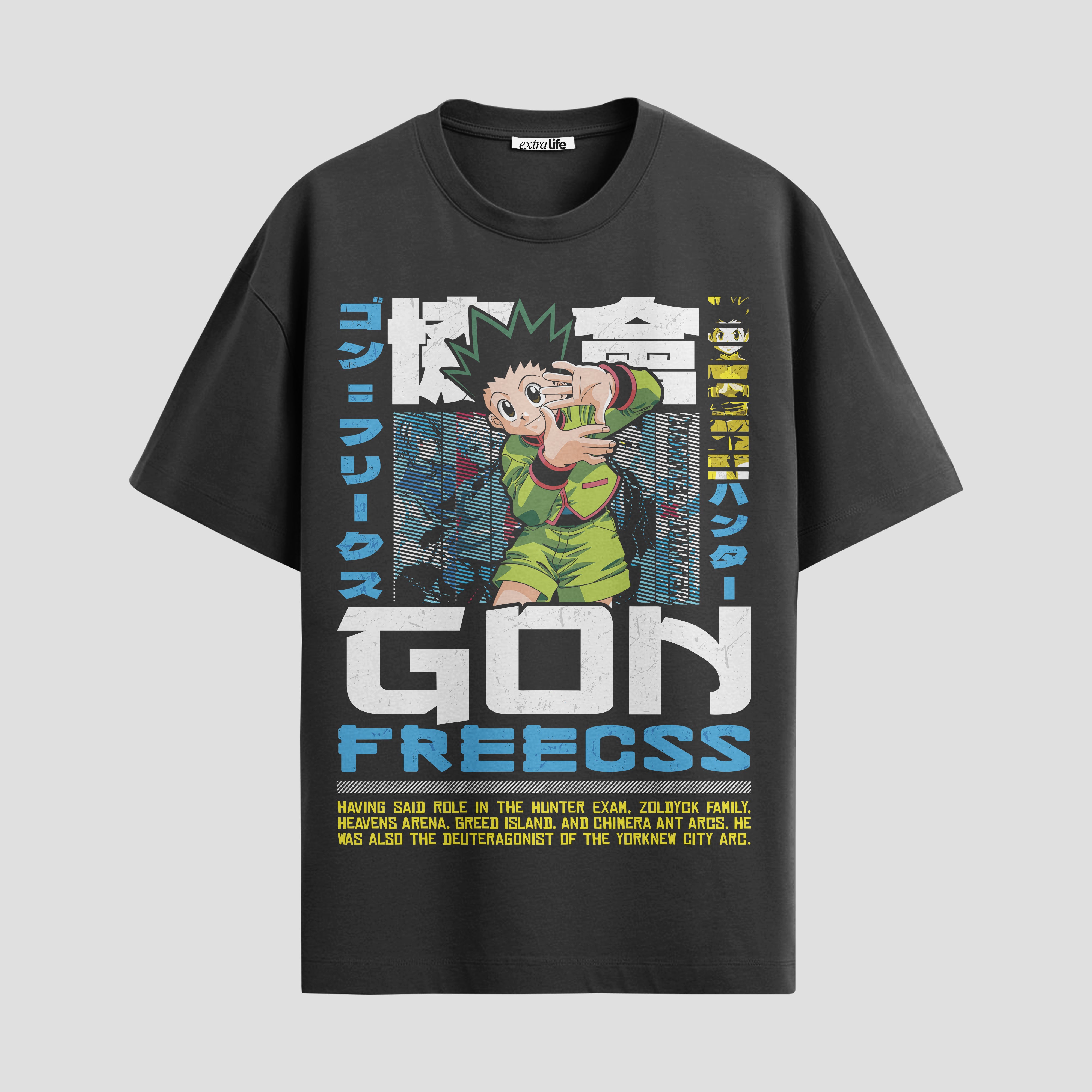 Playera urbana de anime y gaming ExtraLife MX, corte Standard Fit unisex ligero y transpirable en color Deep Black y Pure White, ropa de uso diario para gym y casual.