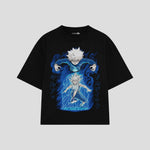 Playera streetwear premium de anime y gaming ExtraLife MX, corte boxy oversized drop shoulder heavyweight en color Deep Black y Off-White, moda urbana mexicana de culto.