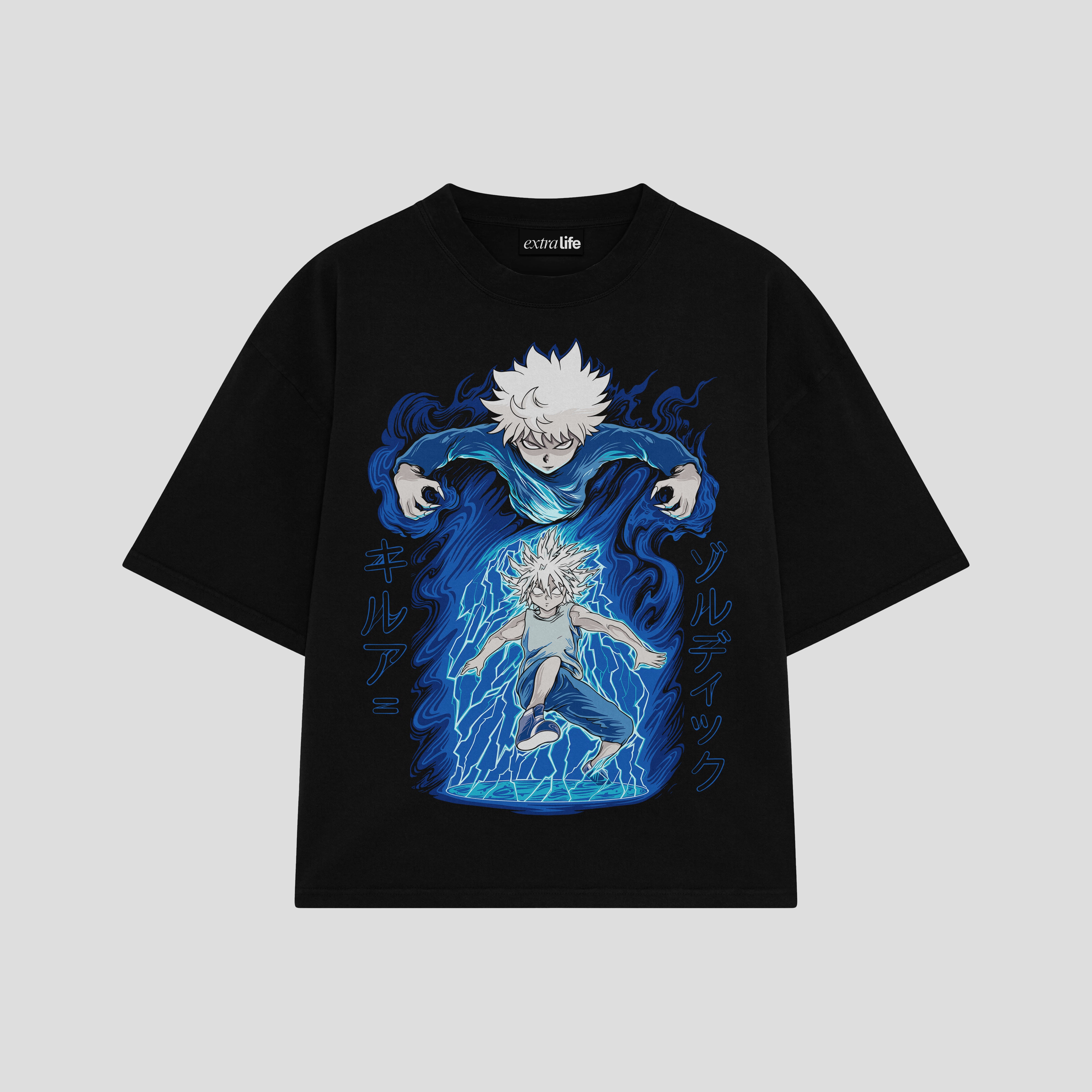 Playera streetwear premium de anime y gaming ExtraLife MX, corte boxy oversized drop shoulder heavyweight en color Deep Black y Off-White, moda urbana mexicana de culto.