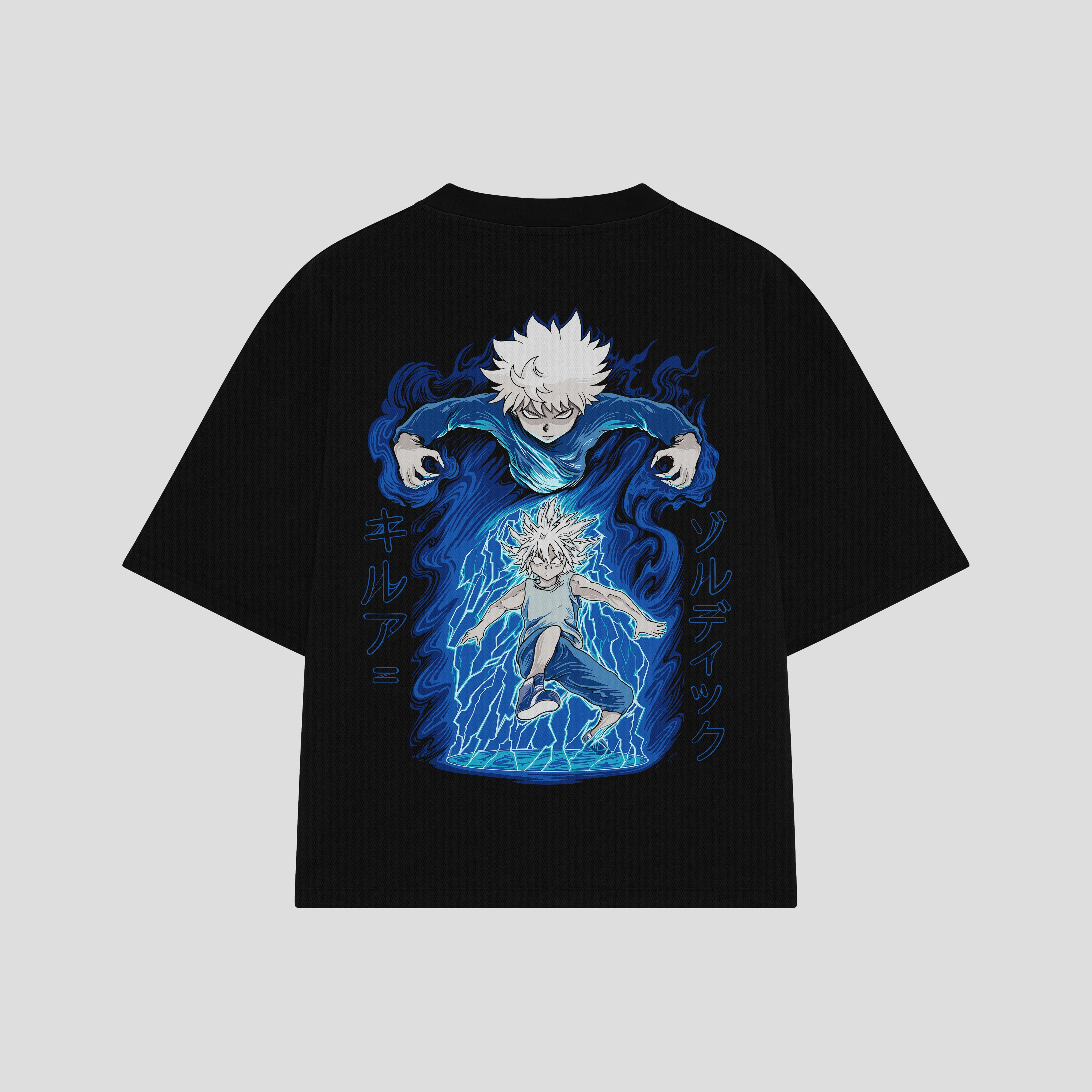 Playera streetwear premium de anime y gaming ExtraLife MX, corte boxy oversized drop shoulder heavyweight en color Deep Black y Off-White, moda urbana mexicana de culto.