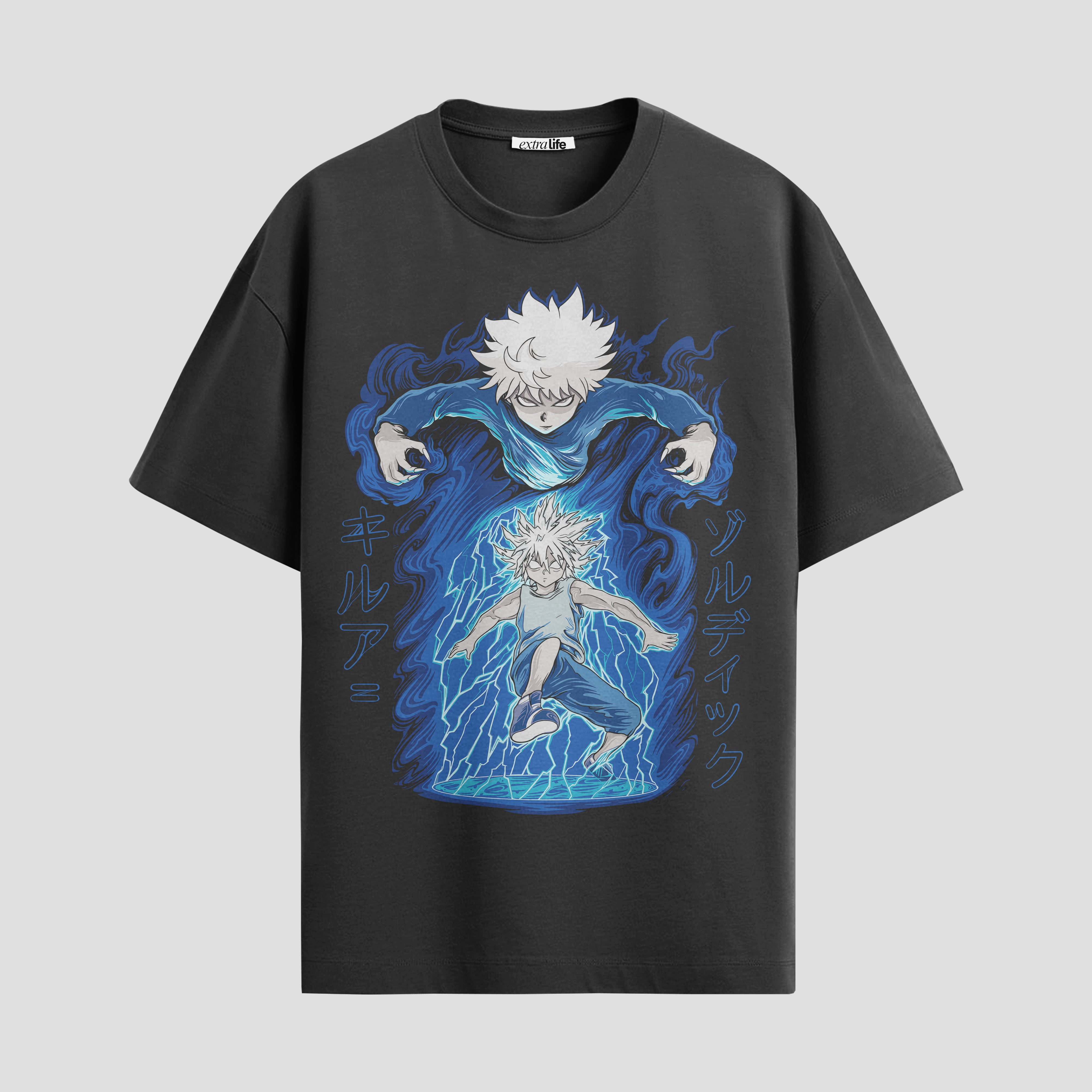Playera urbana de anime y gaming ExtraLife MX, corte Standard Fit unisex ligero y transpirable en color Deep Black y Pure White, ropa de uso diario para gym y casual.