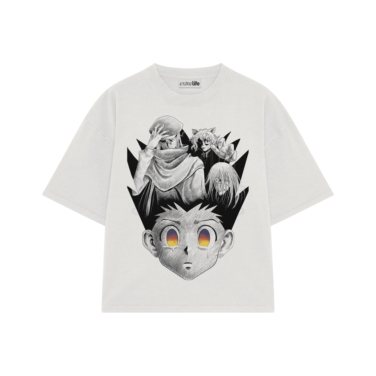 Playera streetwear premium de anime y gaming ExtraLife MX, corte oversized drop shoulder ligero y fresco en color Deep Black y Off-White, moda urbana mexicana de culto.