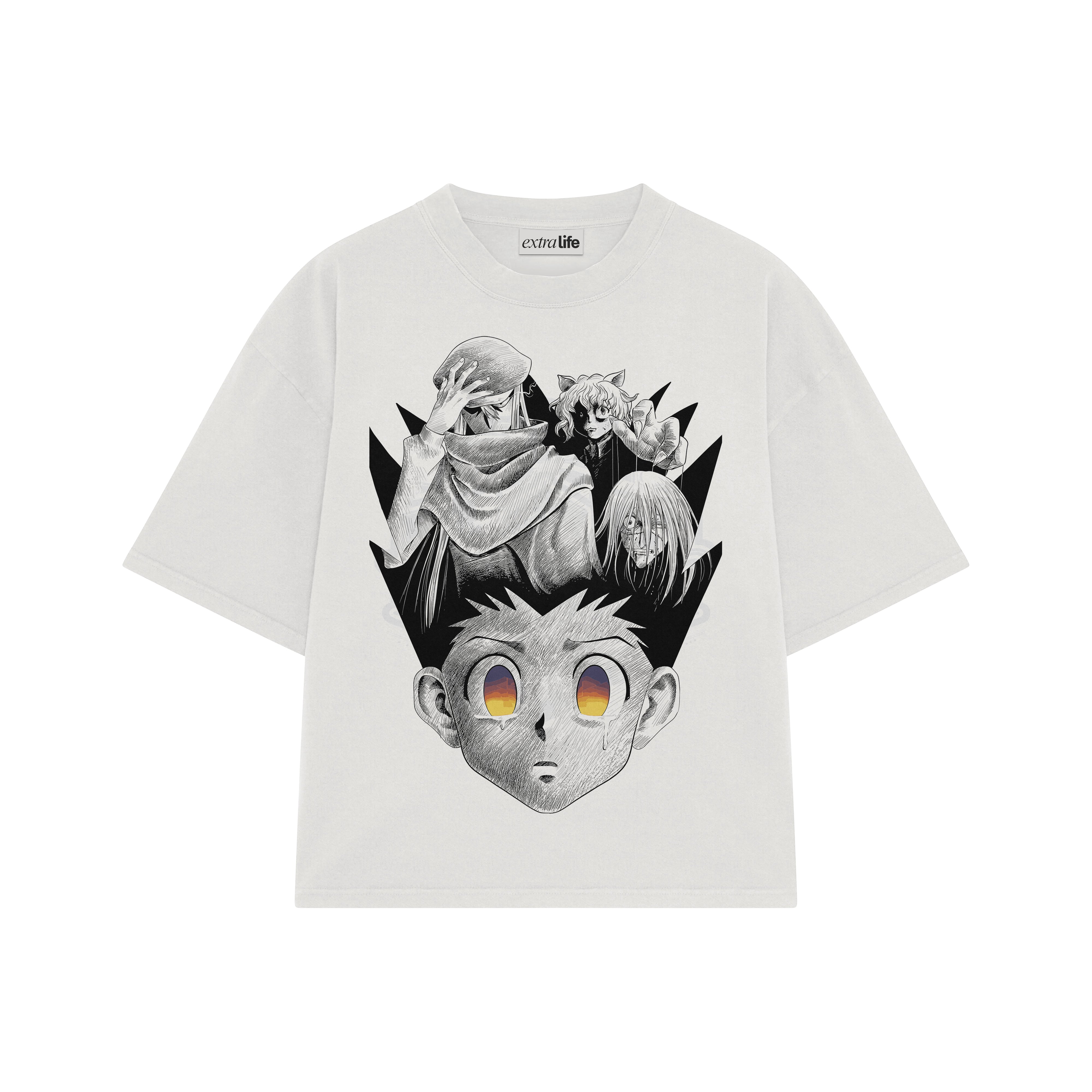 Playera streetwear premium de anime y gaming ExtraLife MX, corte boxy oversized drop shoulder heavyweight en color Deep Black y Off-White, moda urbana mexicana de culto.