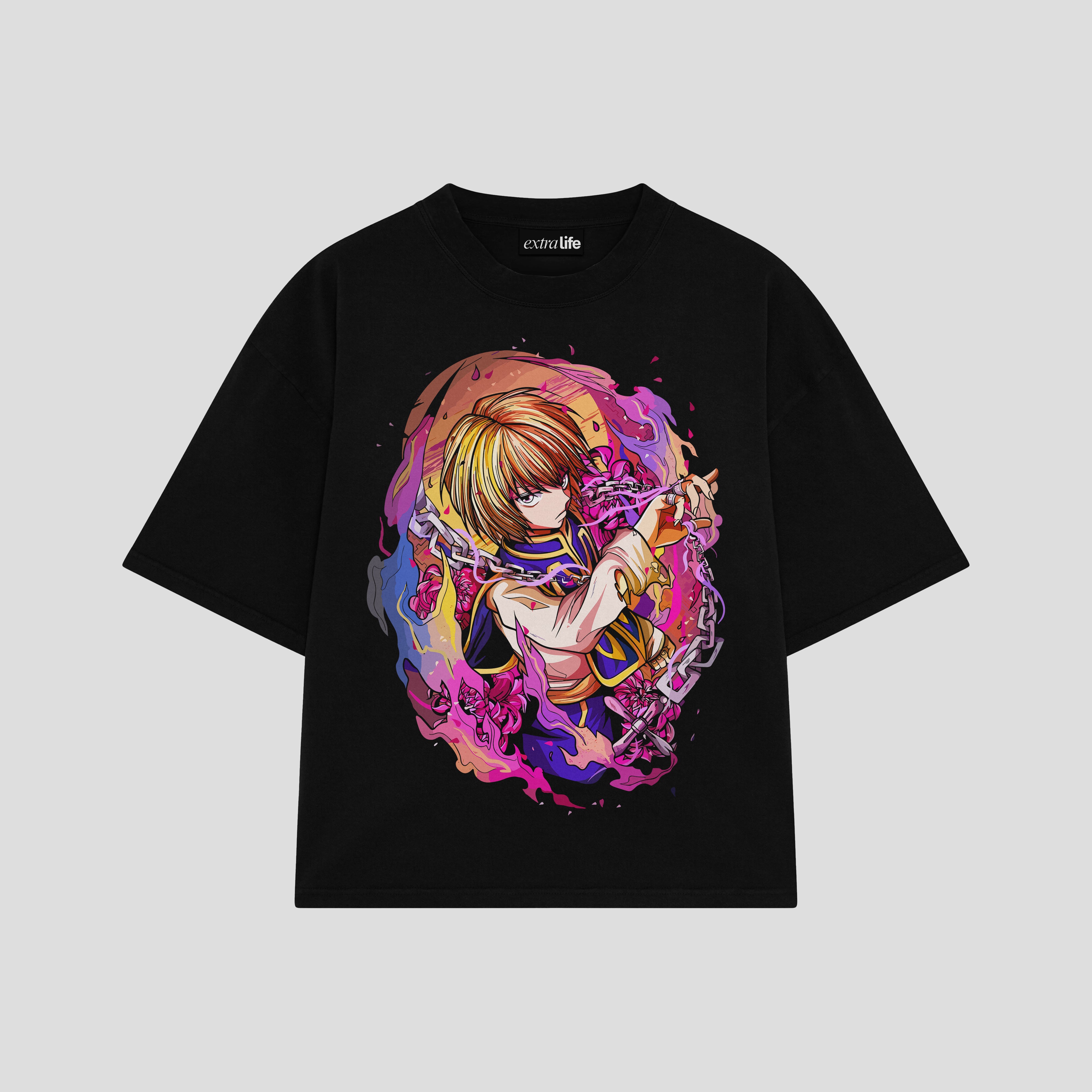 Playera streetwear premium de anime y gaming ExtraLife MX, corte boxy oversized drop shoulder heavyweight en color Deep Black y Off-White, moda urbana mexicana de culto.