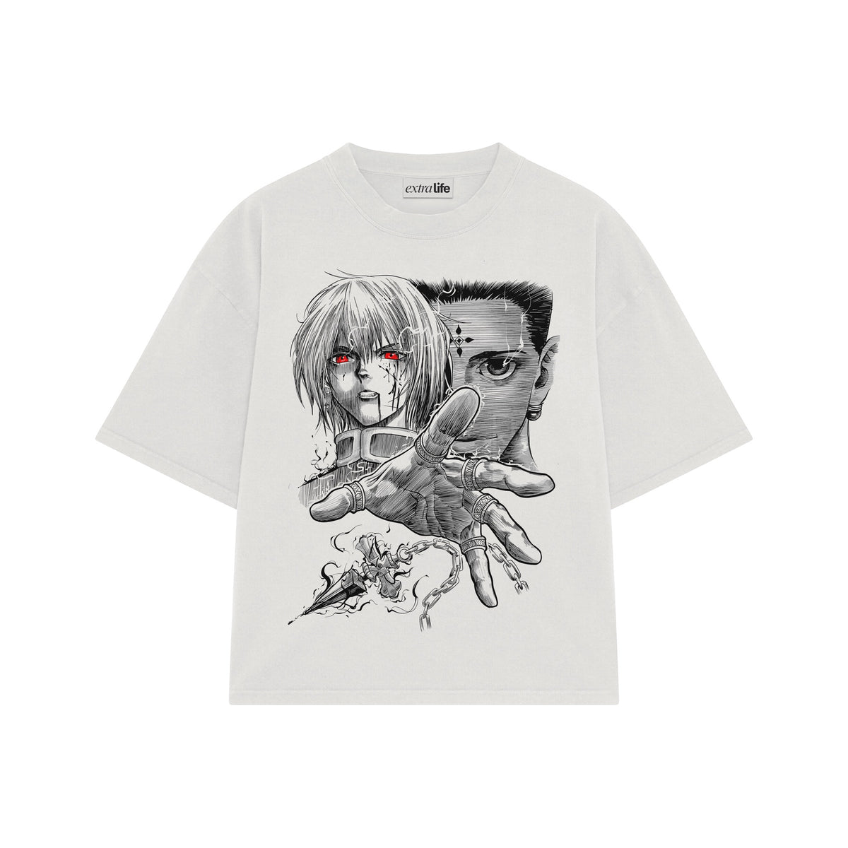 Playera streetwear premium de anime y gaming ExtraLife MX, corte oversized drop shoulder ligero y fresco en color Deep Black y Off-White, moda urbana mexicana de culto.