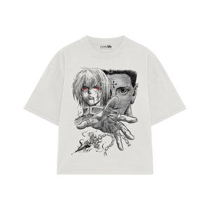 Playera streetwear premium de anime y gaming ExtraLife MX, corte boxy oversized drop shoulder heavyweight en color Deep Black y Off-White, moda urbana mexicana de culto.