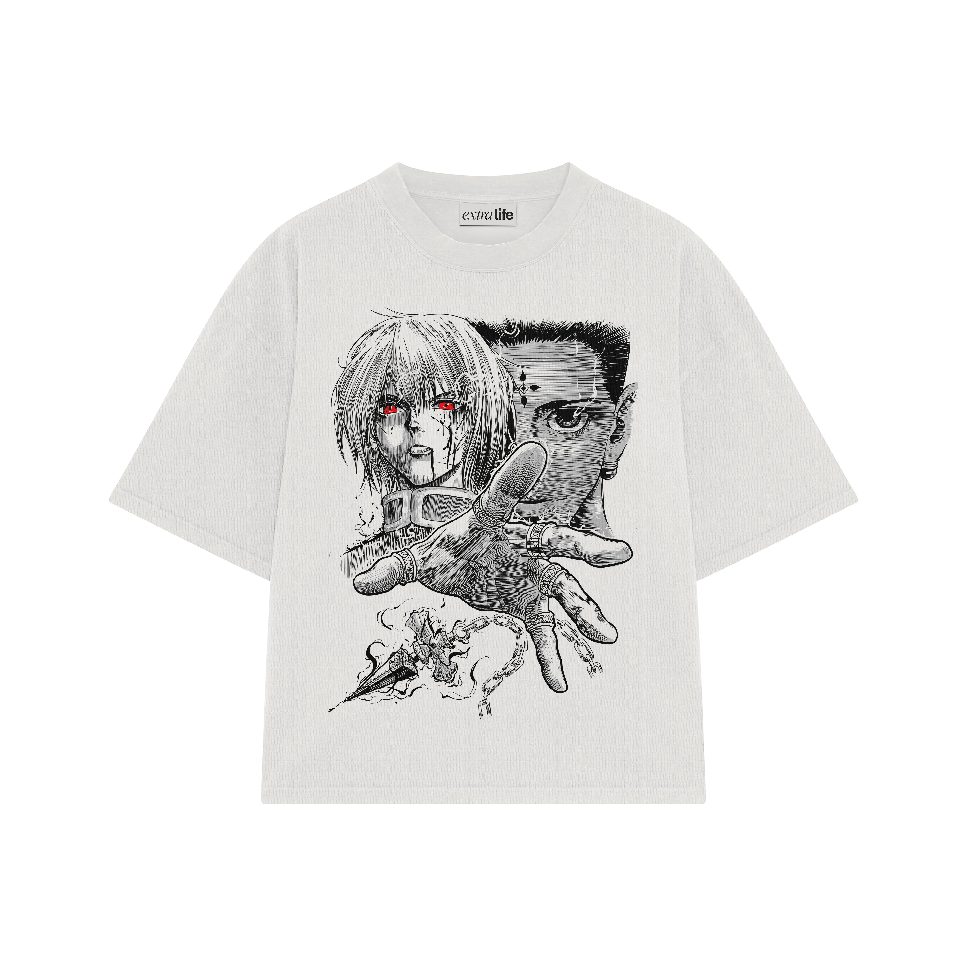 Playera streetwear premium de anime y gaming ExtraLife MX, corte boxy oversized drop shoulder heavyweight en color Deep Black y Off-White, moda urbana mexicana de culto.