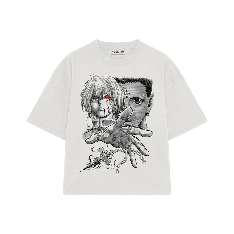 Playera streetwear premium de anime y gaming ExtraLife MX, corte boxy oversized drop shoulder heavyweight en color Deep Black y Off-White, moda urbana mexicana de culto.