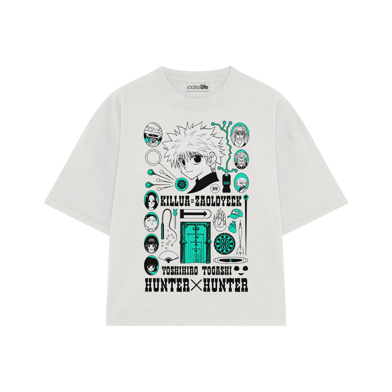 Playera streetwear premium de anime y gaming ExtraLife MX, corte boxy oversized drop shoulder heavyweight en color Deep Black y Off-White, moda urbana mexicana de culto.
