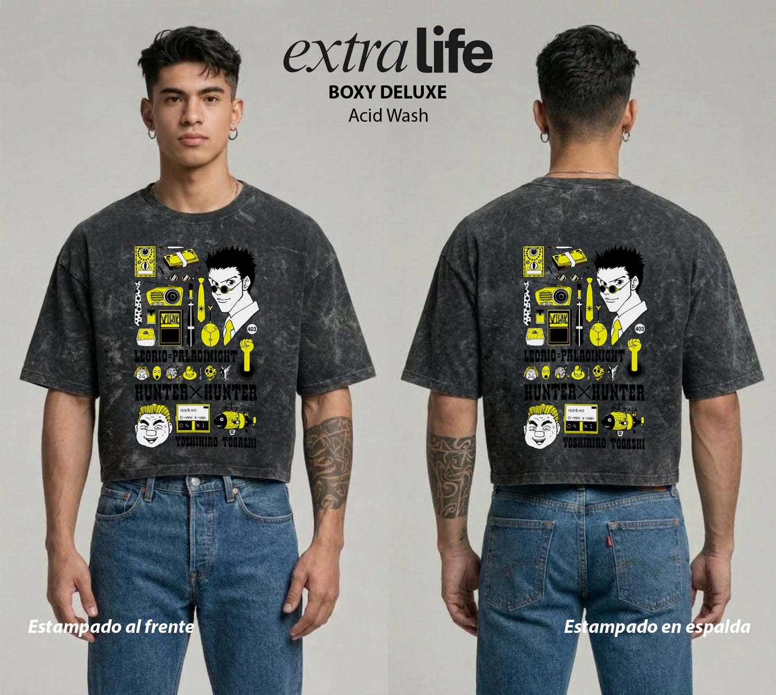 Playera streetwear premium de anime y gaming ExtraLife MX, corte boxy deluxe mineral wash heavyweight en color Acid Wash, moda urbana mexicana de culto.