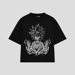 Playera streetwear premium de anime y gaming ExtraLife MX, corte boxy oversized drop shoulder heavyweight en color Deep Black y Off-White, moda urbana mexicana de culto.