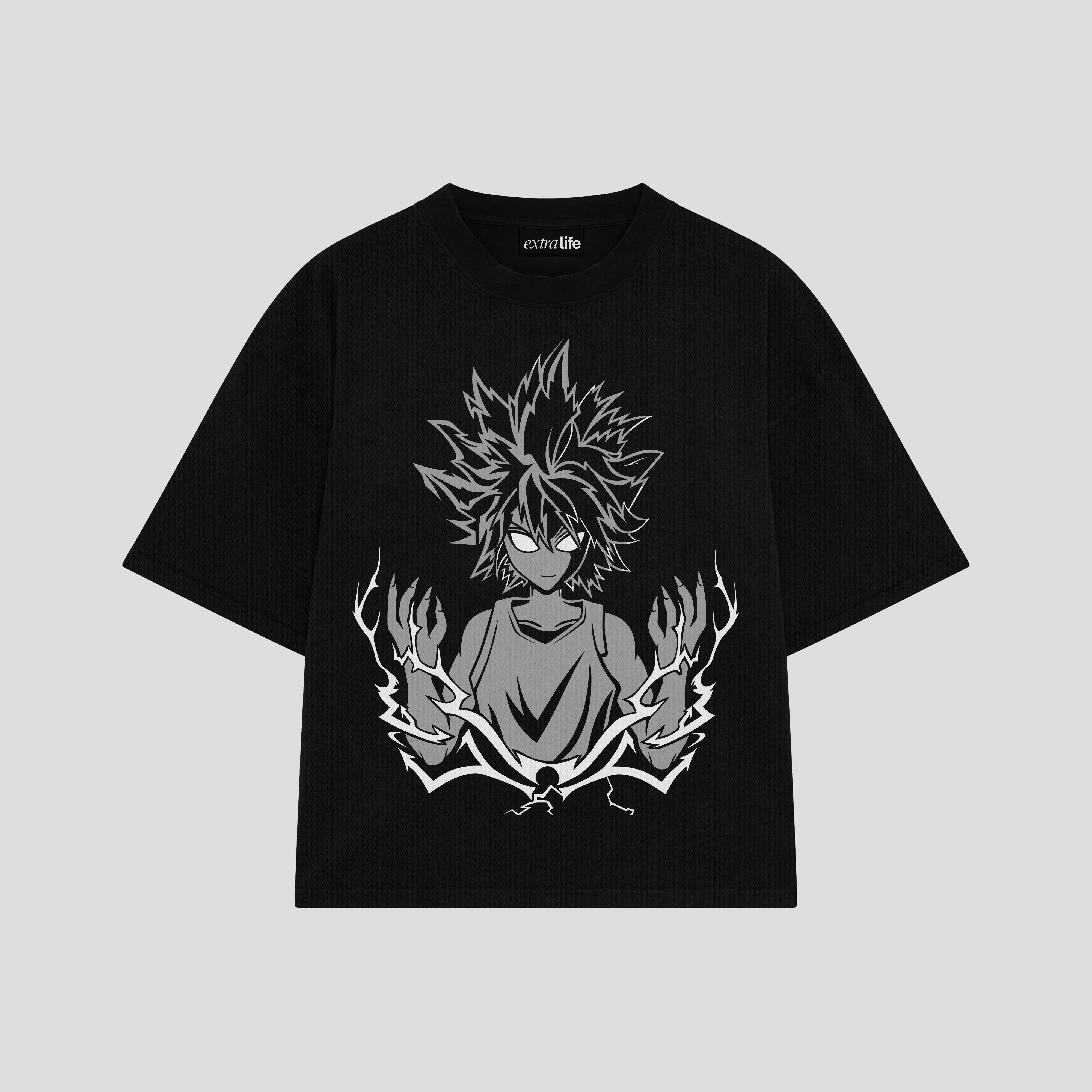 Playera streetwear premium de anime y gaming ExtraLife MX, corte boxy oversized drop shoulder heavyweight en color Deep Black y Off-White, moda urbana mexicana de culto.