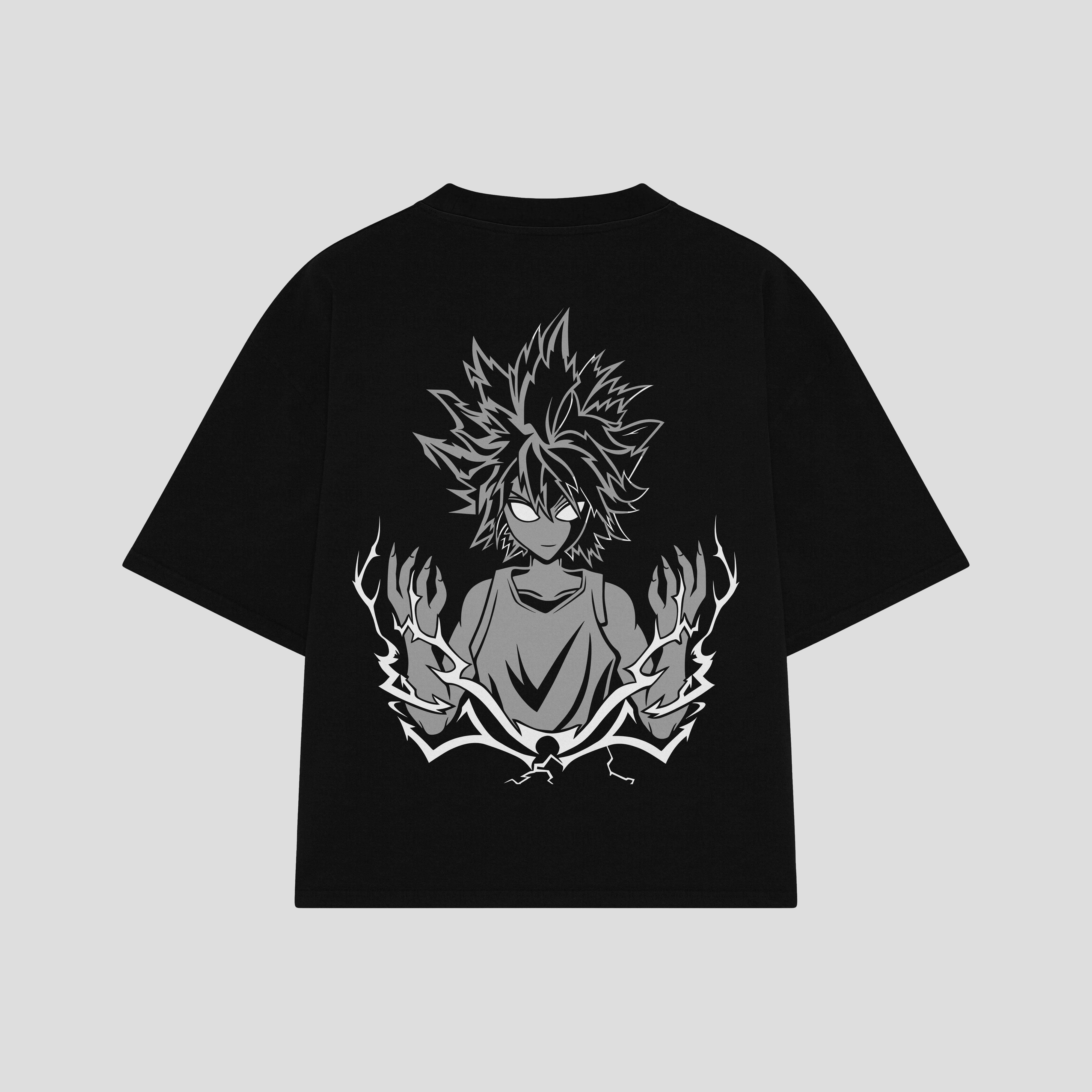Playera streetwear premium de anime y gaming ExtraLife MX, corte boxy oversized drop shoulder heavyweight en color Deep Black y Off-White, moda urbana mexicana de culto.