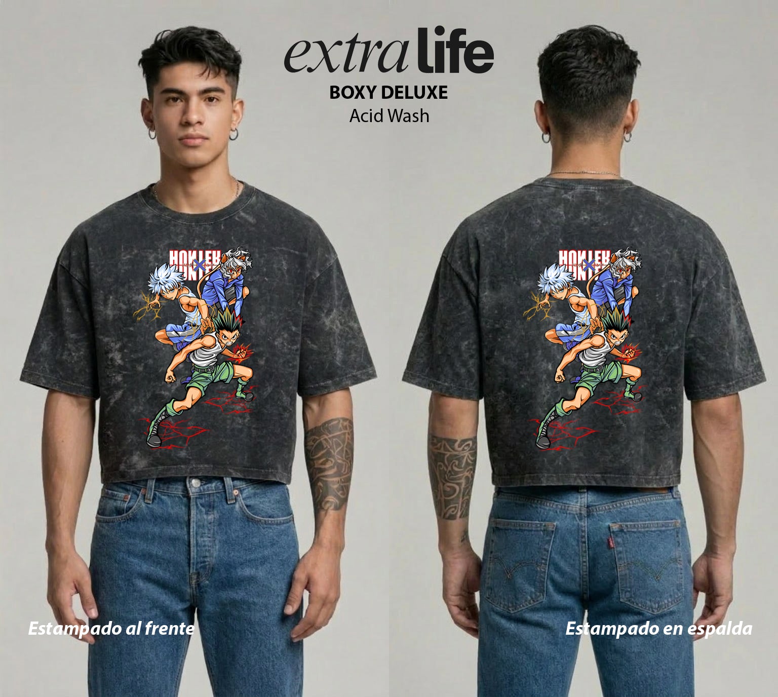 Playera streetwear premium de anime y gaming ExtraLife MX, corte boxy deluxe mineral wash heavyweight en color Acid Wash, moda urbana mexicana de culto.