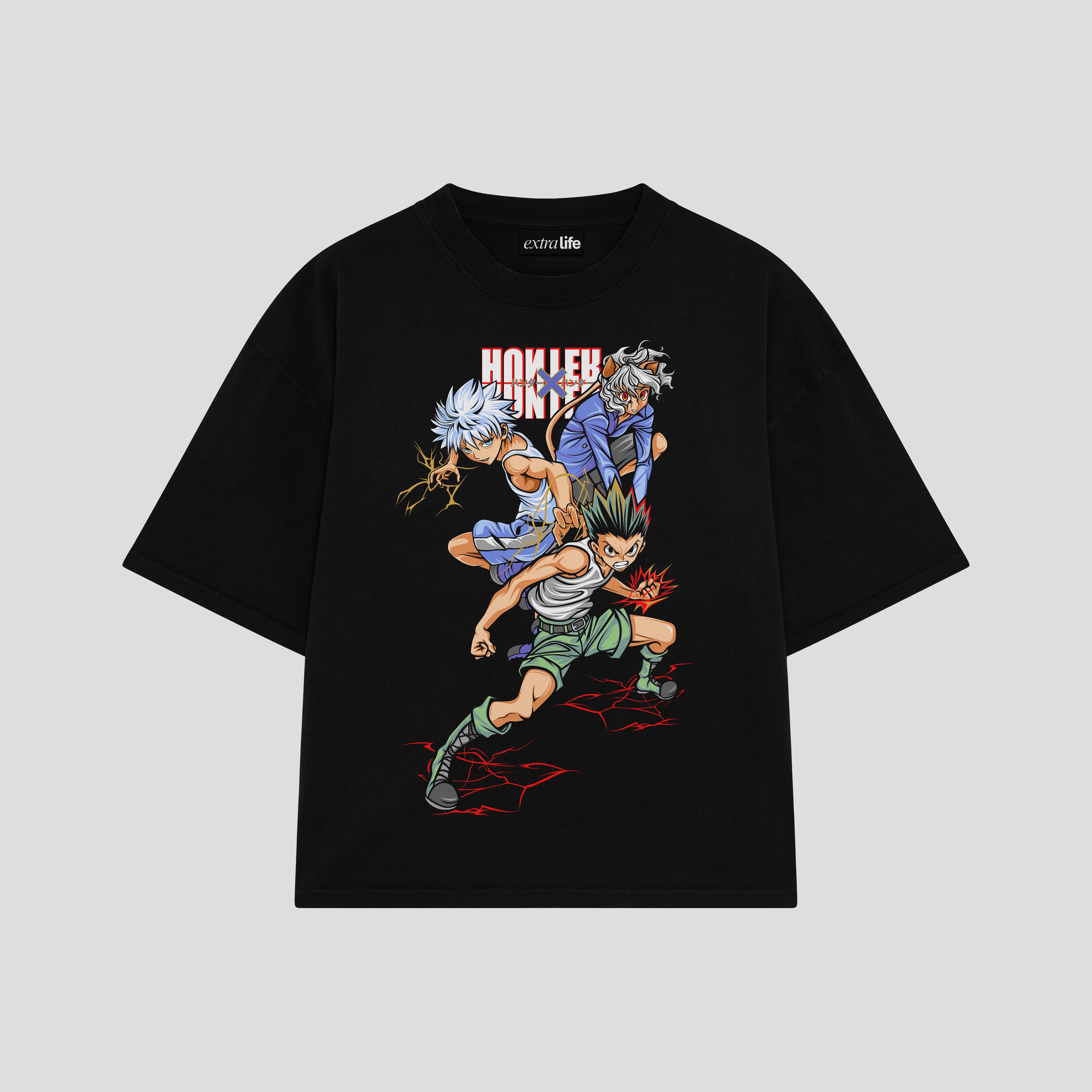 Playera streetwear premium de anime y gaming ExtraLife MX, corte boxy oversized drop shoulder heavyweight en color Deep Black y Off-White, moda urbana mexicana de culto.