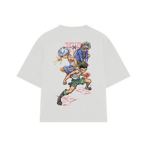 Playera streetwear premium de anime y gaming ExtraLife MX, corte boxy oversized drop shoulder heavyweight en color Deep Black y Off-White, moda urbana mexicana de culto.
